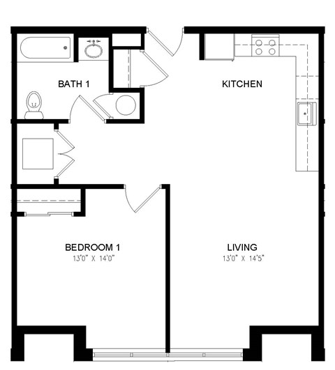 Floor plan for 1 bed, 1 bath, 707 sqft
